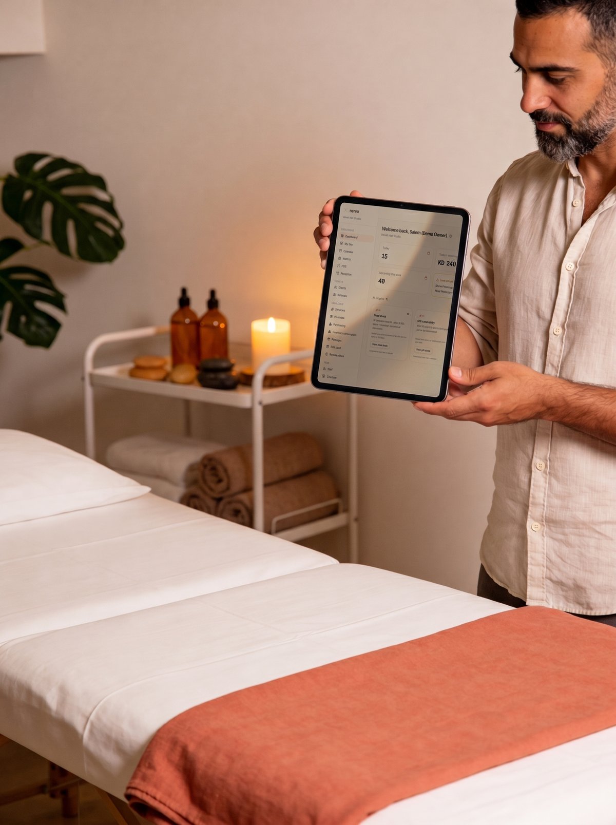 Nerva's dashboard on screen at a massage center